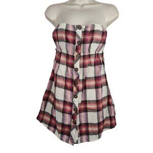 Street Flower Red Plaid Button Up Strapless Top Women Size L MISSING BELT